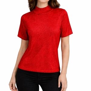 TANJAY Metallic Red Short Sleeve Mock Turtleneck Knit Valentine's Sweater